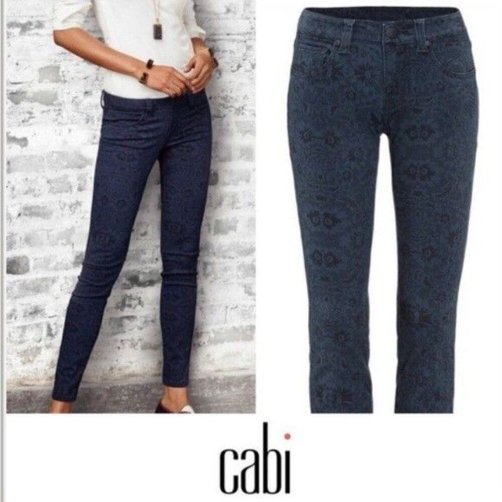 Cabi # 3195 Lace Print Skinny Jeans Blue/Black Cotton Stretch Size 2